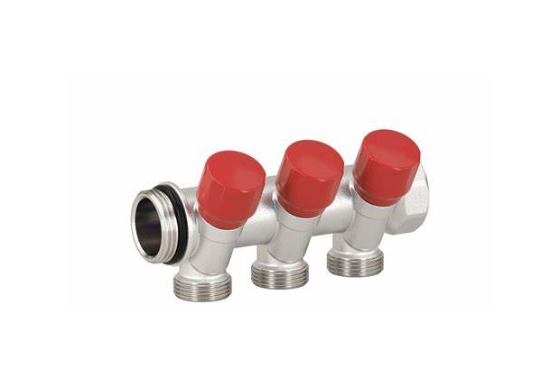 Модулен колектор 1" с вграден кран 2 извода 24x19 СИН / ЧЕРВЕН