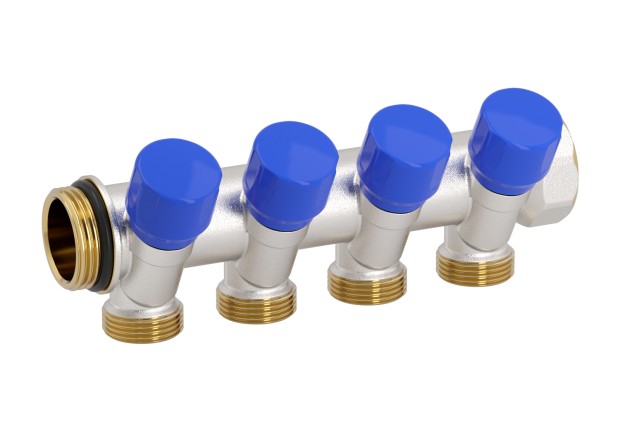 Модулен колектор 1" с вграден кран 2 извода 24x19 СИН / ЧЕРВЕН