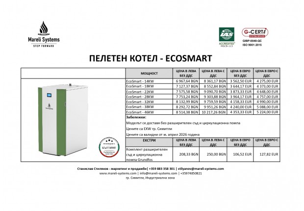ПЕЛЕТЕН КОТЕЛ  ECOSMART 12, 18, 22, 28, 35, 40, 45 kW - ЦЕНИ