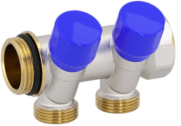 Модулен колектор 1" с вграден кран 2 извода 24x19 СИН / ЧЕРВЕН